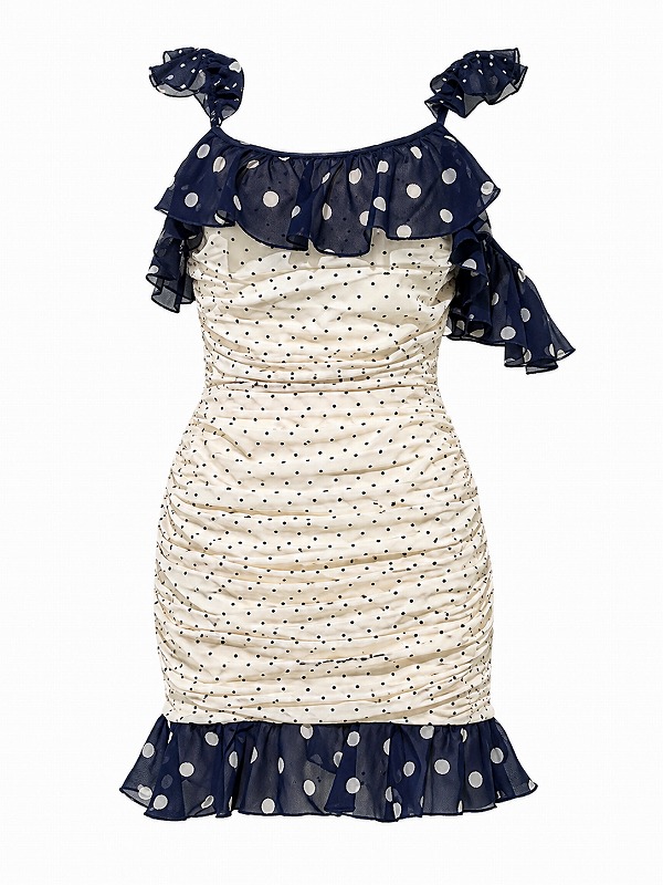 【新品DRESS 1980】バイカラーポルカドットサイドオフショルタイトミニドレス アイボリー【asos】